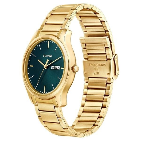 Sonata Quartz Analog with Day and Date Green Dial Stainless Steel Strap Watch for Men - Image 3