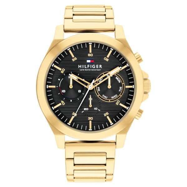 Tommy Hilfiger Black Dial Golden Colour Stainless Steel Strap Watch for Men (TH1710520))