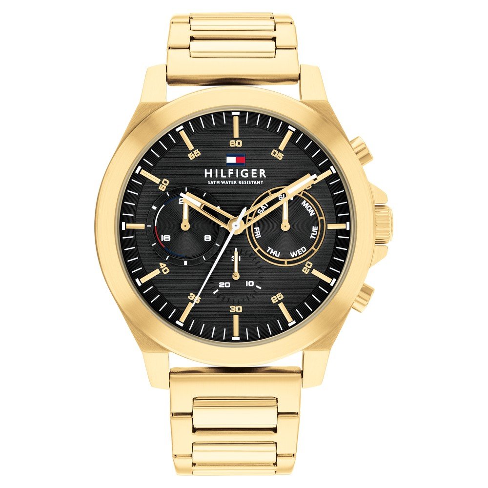Tommy Hilfiger Black Dial Golden Colour Stainless Steel Strap Watch for Men (TH1710520))
