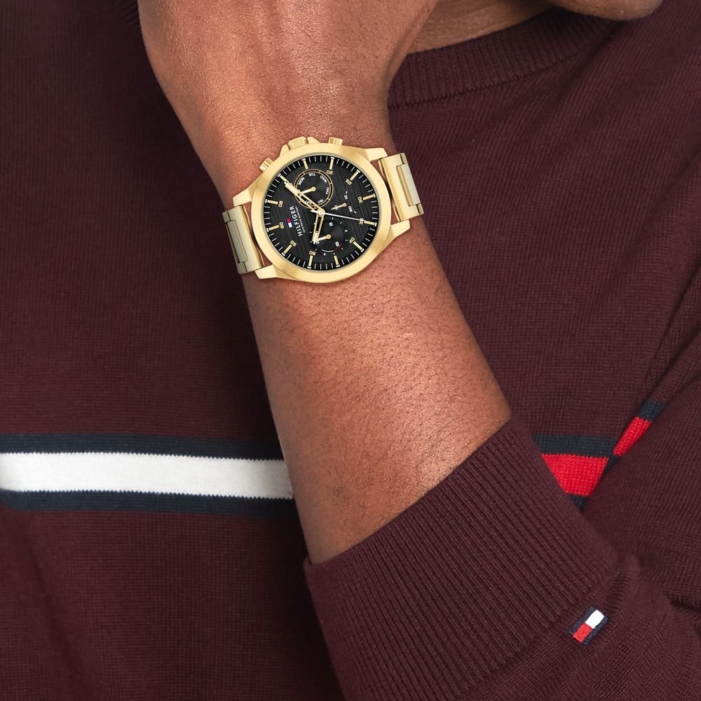 Tommy Hilfiger Black Dial Golden Colour Stainless Steel Strap Watch for Men (TH1710520)) - Image 5
